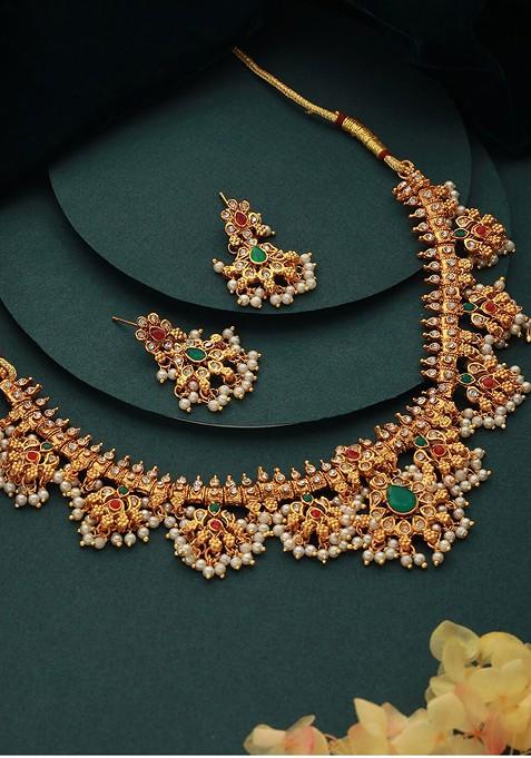 Gold Plated Stone Studded And Beaded Necklace And Earrings