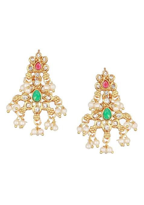 Gold Plated Stone Studded And Beaded Necklace And Earrings