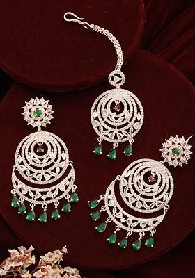 Rose Gold Plated American Diamond Studded Maang Tikka And Earrings Set