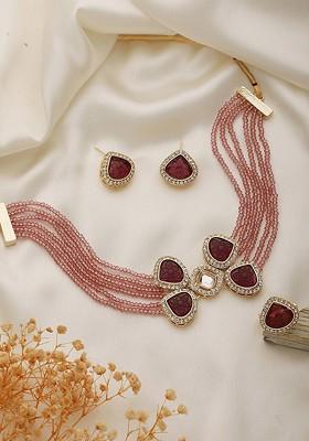 Gold Plated Kundan Studded And Beaded Jewellery Set