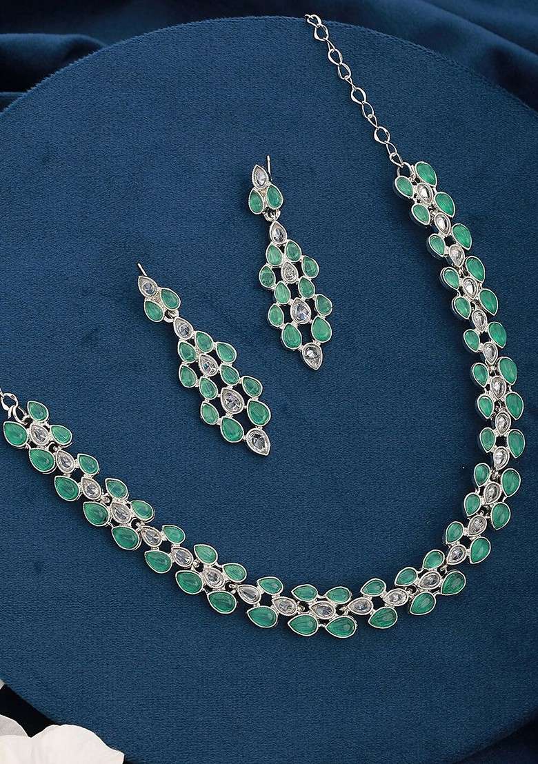 Silver Plated American Diamond Studded Jewellery Set - Indya