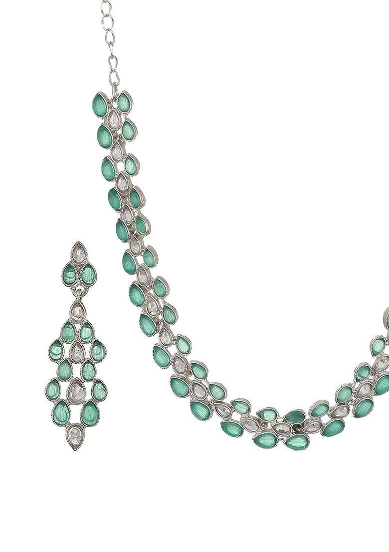 Silver Plated American Diamond Studded Jewellery Set - Indya