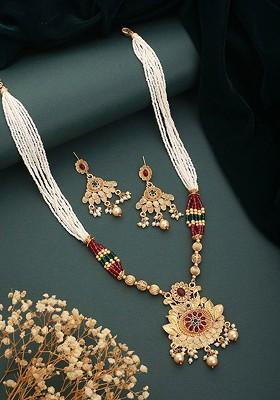 Gold Plated Red Stone Studded And Beaded Jewellery Set