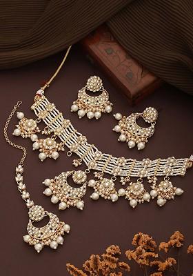 Gold Plated Kundan Studded Pearl Beaded Jewellery Set