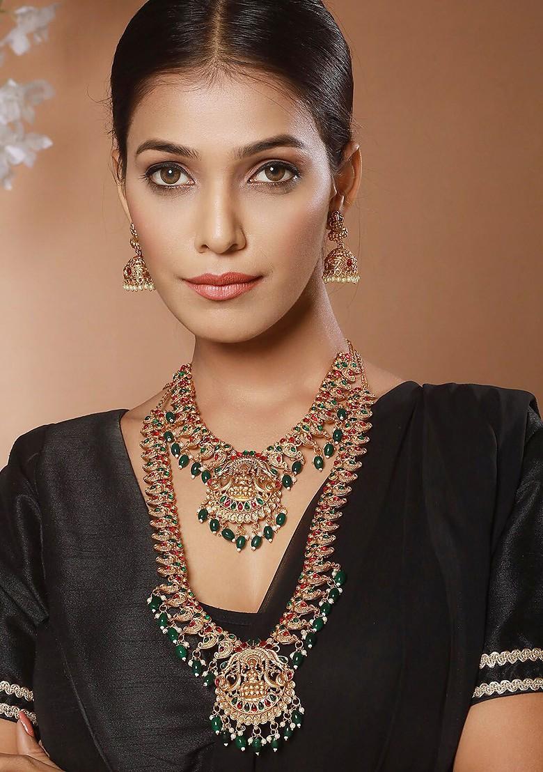 Gold Plated Stones Studded And Beads Beaded Temple Necklace With Earrings