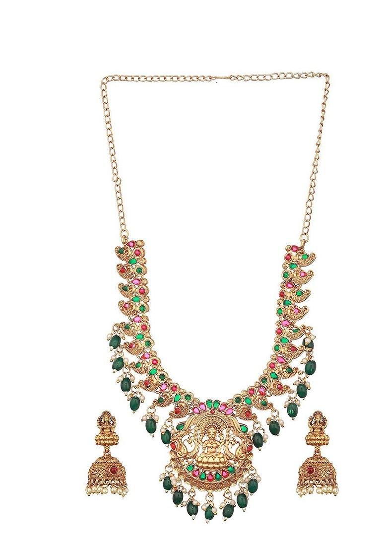 Gold Plated Stones Studded And Beads Beaded Temple Necklace With Earrings