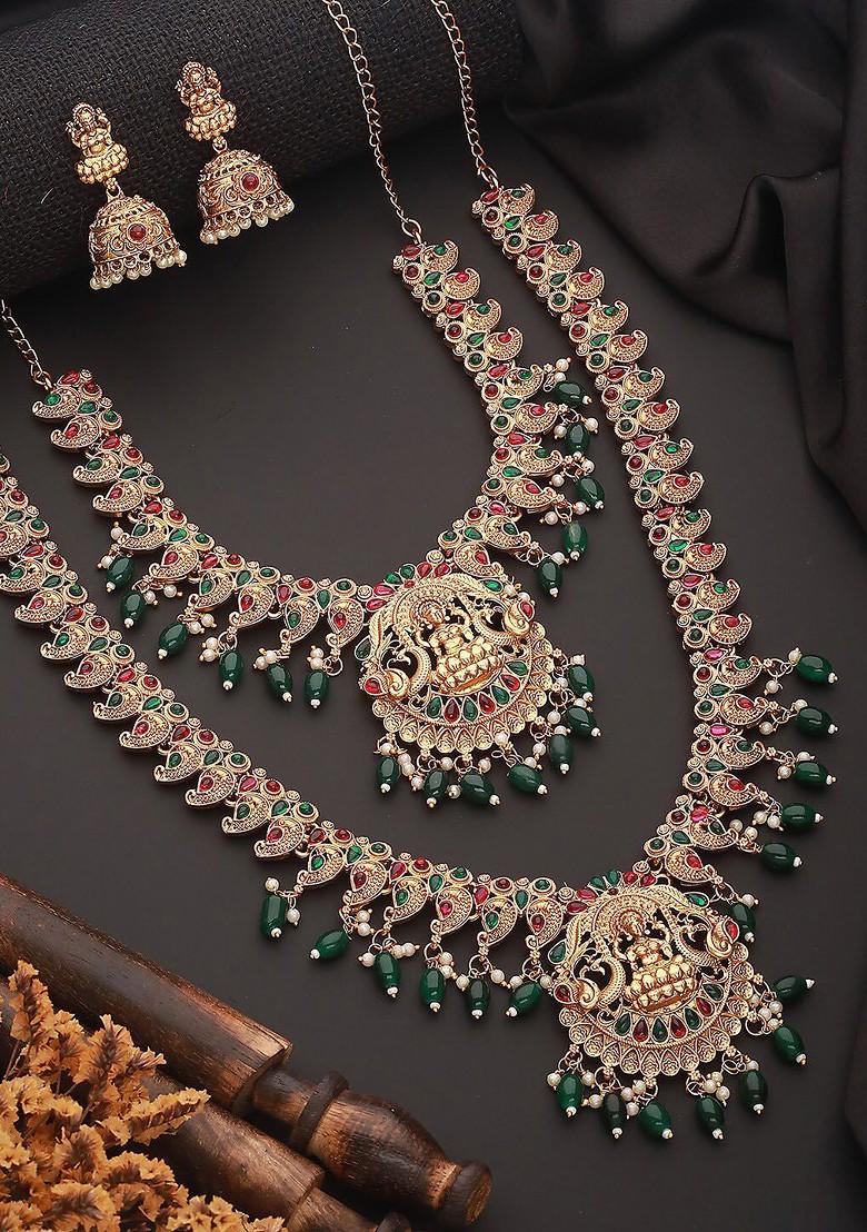 Gold Plated Stones Studded And Beads Beaded Temple Necklace With Earrings