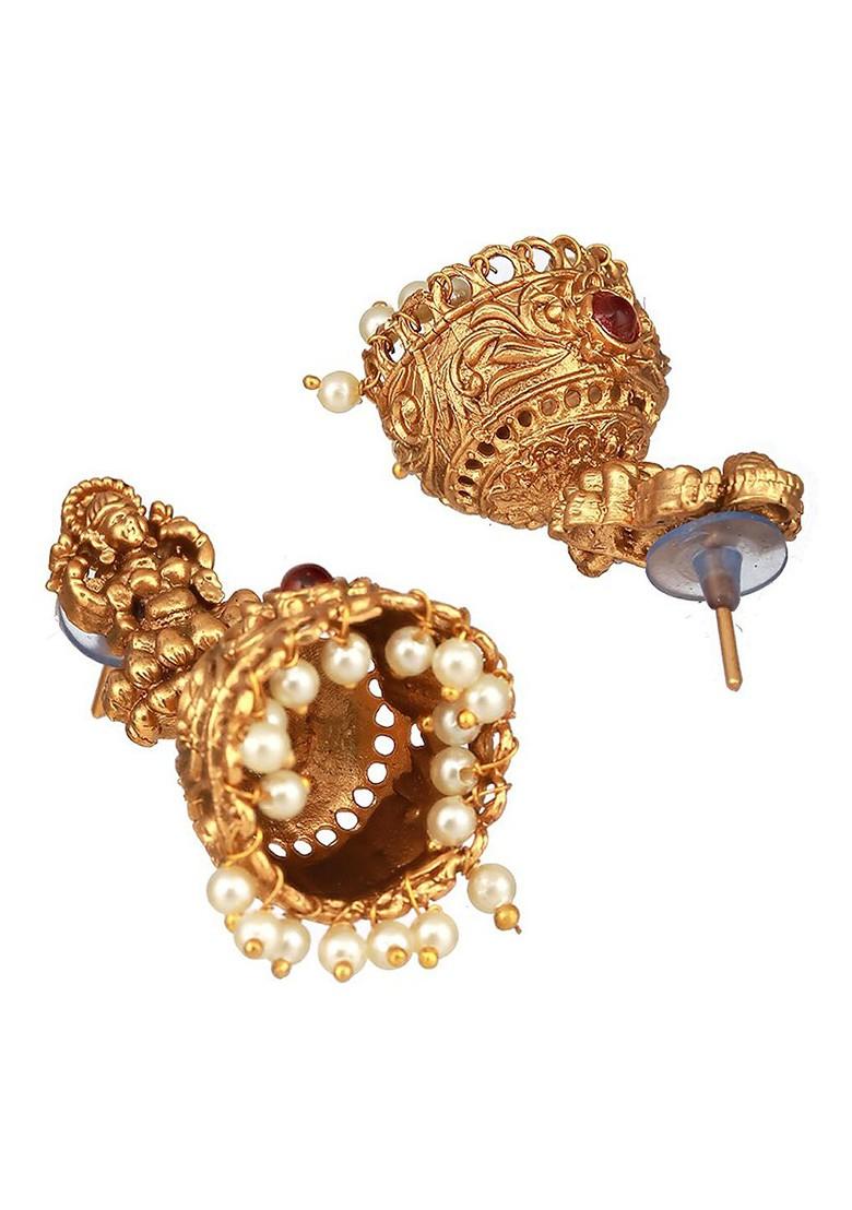 Gold Plated Stones Studded And Beads Beaded Temple Necklace With Earrings