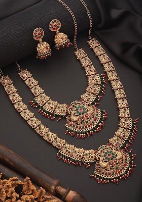 Gold Plated Stones Studded And Beads Beaded Temple Necklace With Earrings