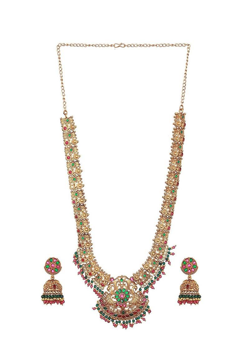 Gold Plated Stones Studded And Beads Beaded Temple Necklace With Earrings - Indya