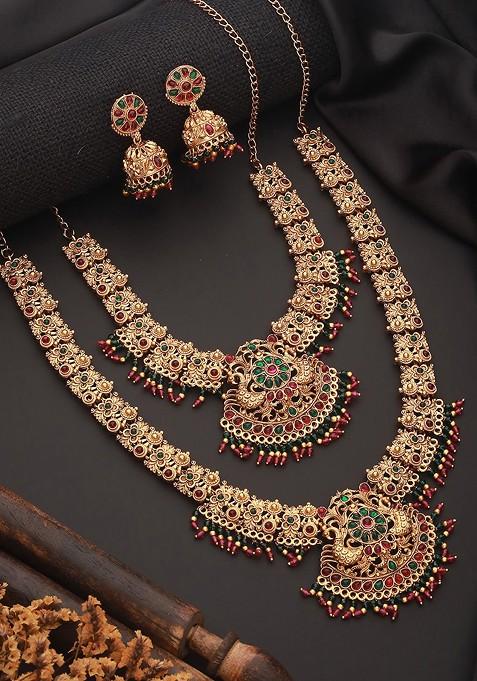 Gold Plated Stones Studded And Beads Beaded Temple Necklace With Earrings