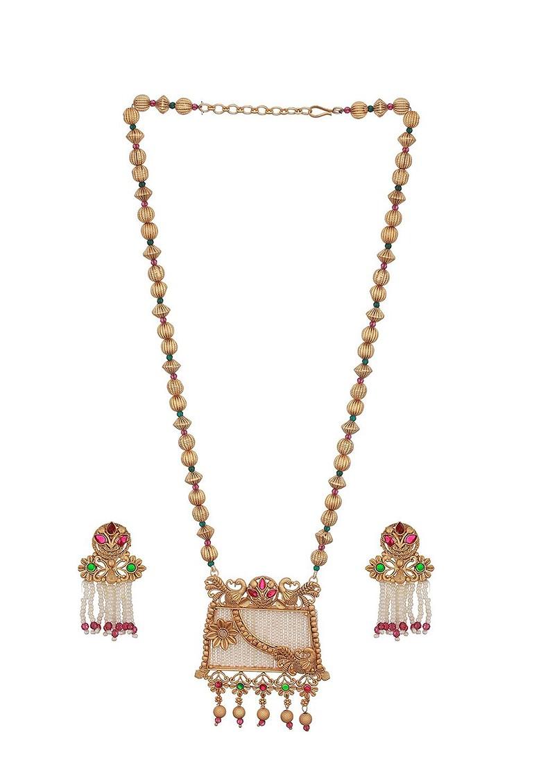 Gold Plated Artificial Stones And Beads Studded Necklace Set