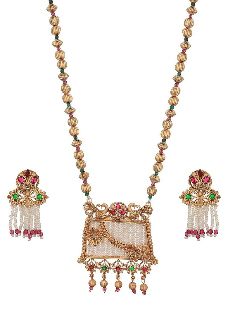 Gold Plated Artificial Stones And Beads Studded Necklace Set