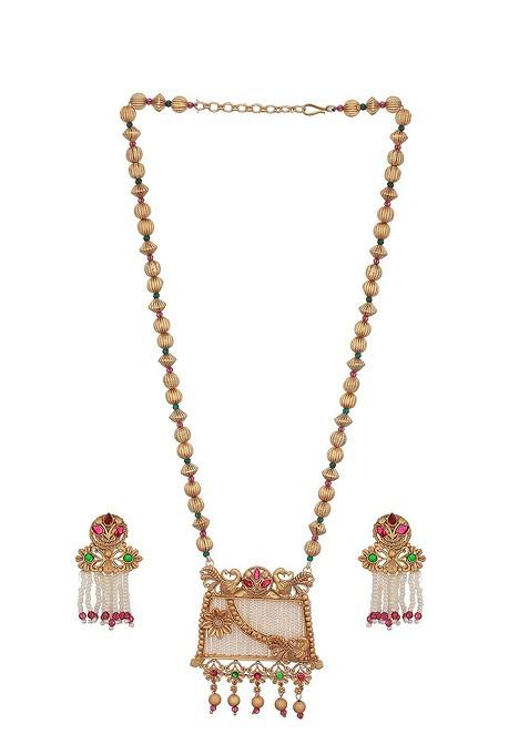 Gold Plated Artificial Stones And Beads Studded Necklace Set