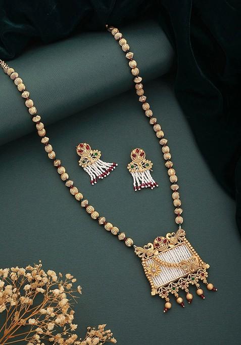 Gold Plated Artificial Stones And Beads Studded Necklace Set