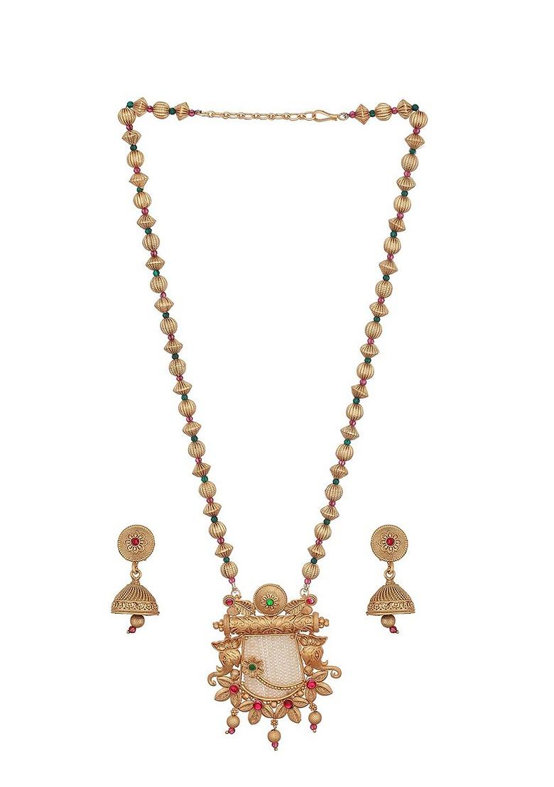 Gold Plated Artificial Stones And Beads Studded Necklace Set - Indya