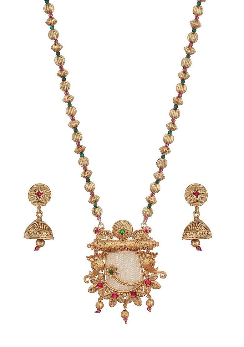 Gold Plated Artificial Stones And Beads Studded Necklace Set