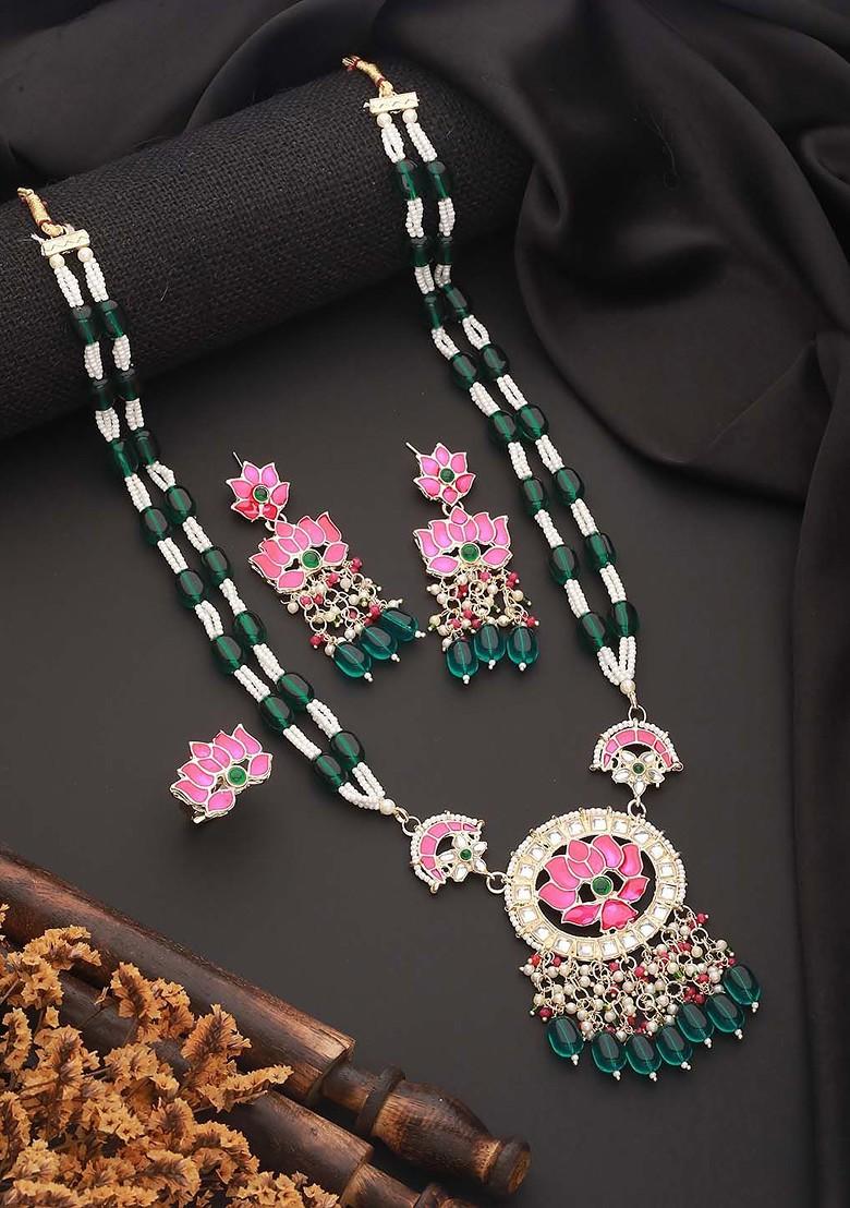 Gold Plated And Stone Studded And Beaded Jewellery Set - Indya