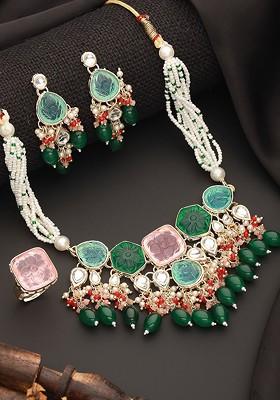 Gold Plated Stones Studded And Beaded Jewellery Set