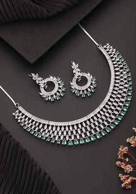 Silver Plated American Diamond Studded Necklace And Earrings