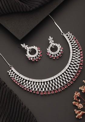 Sliver Plated Ad And Cz Studded Necklace And Earrings