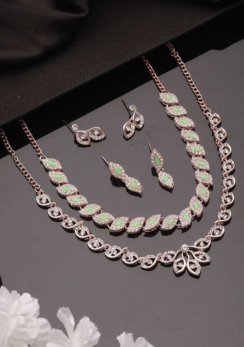 Set Of 2 Rose Gold Plated Cz Studded Jewellery Set - Indya
