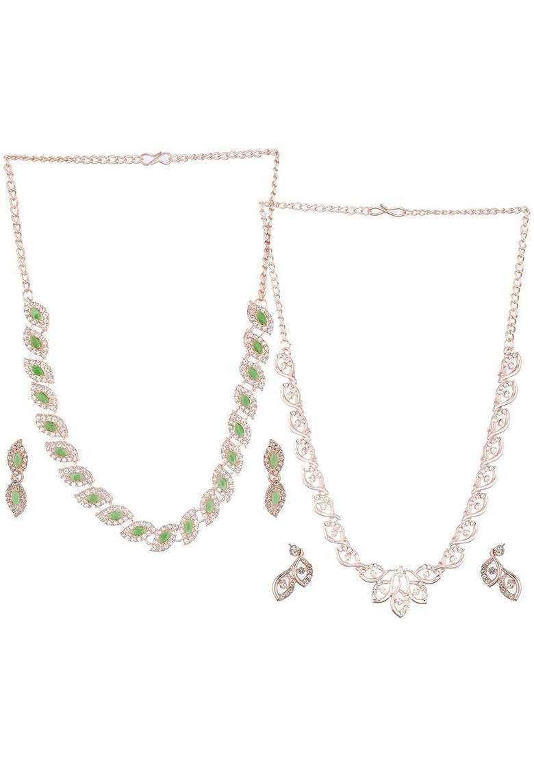 Set Of 2 Rose Gold Plated Cz Studded Jewellery Set - Indya