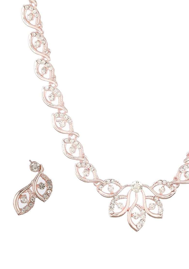 Set Of 2 Rose Gold Plated Cz Studded Jewellery Set - Indya