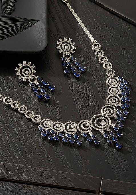 Silver Plated American Diamond And Cubic Zirconia Studded Jewellery Set