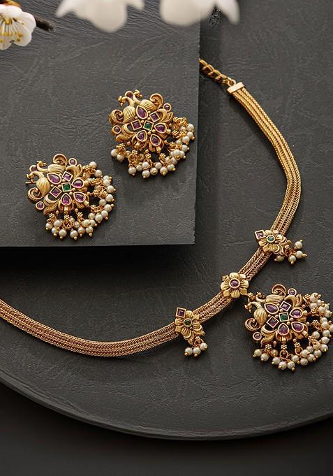 22K Gold Plated Stone Studded And Beaded Temple Jewellery Set