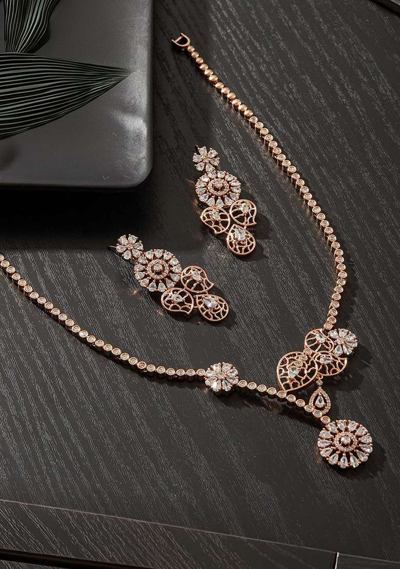 Rose Gold Plated American Diamond Studded Jewellery Set - Indya