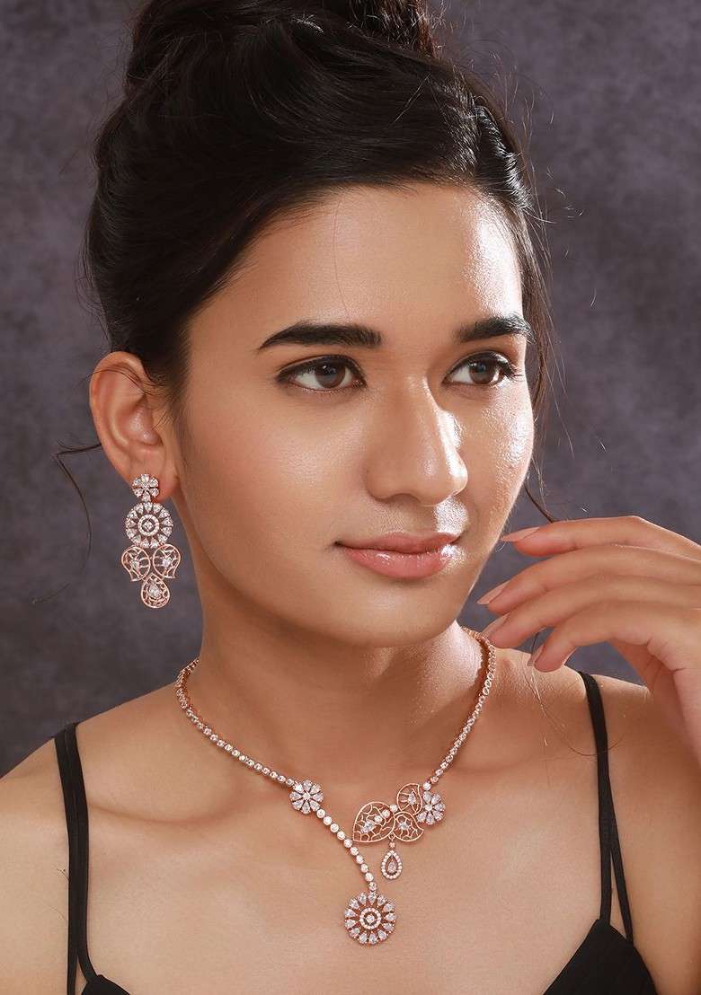 Rose Gold Plated American Diamond Studded Jewellery Set - Indya