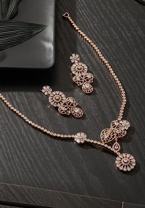 Rose Gold Plated American Diamond Studded Jewellery Set