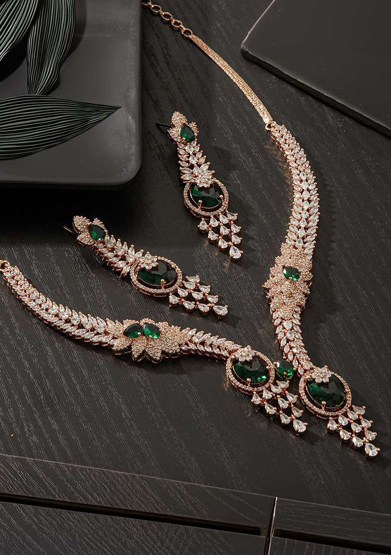 Rose Gold Plated Cubic Zirconia Studded Jewellery Set - Indya