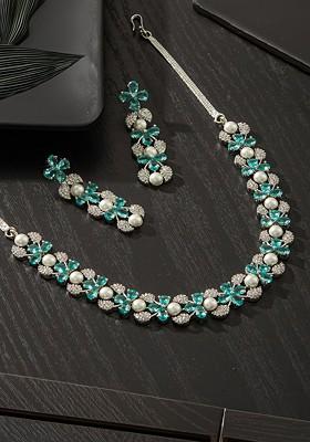 Silver Plated American Diamond Studded And Beaded Jewellery Set