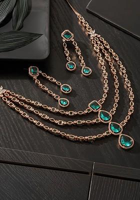 Rose Gold Plated American Diamond And Beaded Jewellery Set
