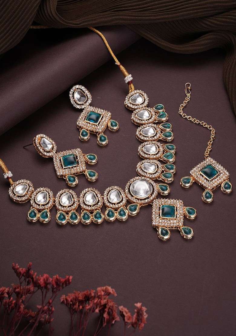 Gold Plated Greenstudded And Beaded Jewellery Set - Indya