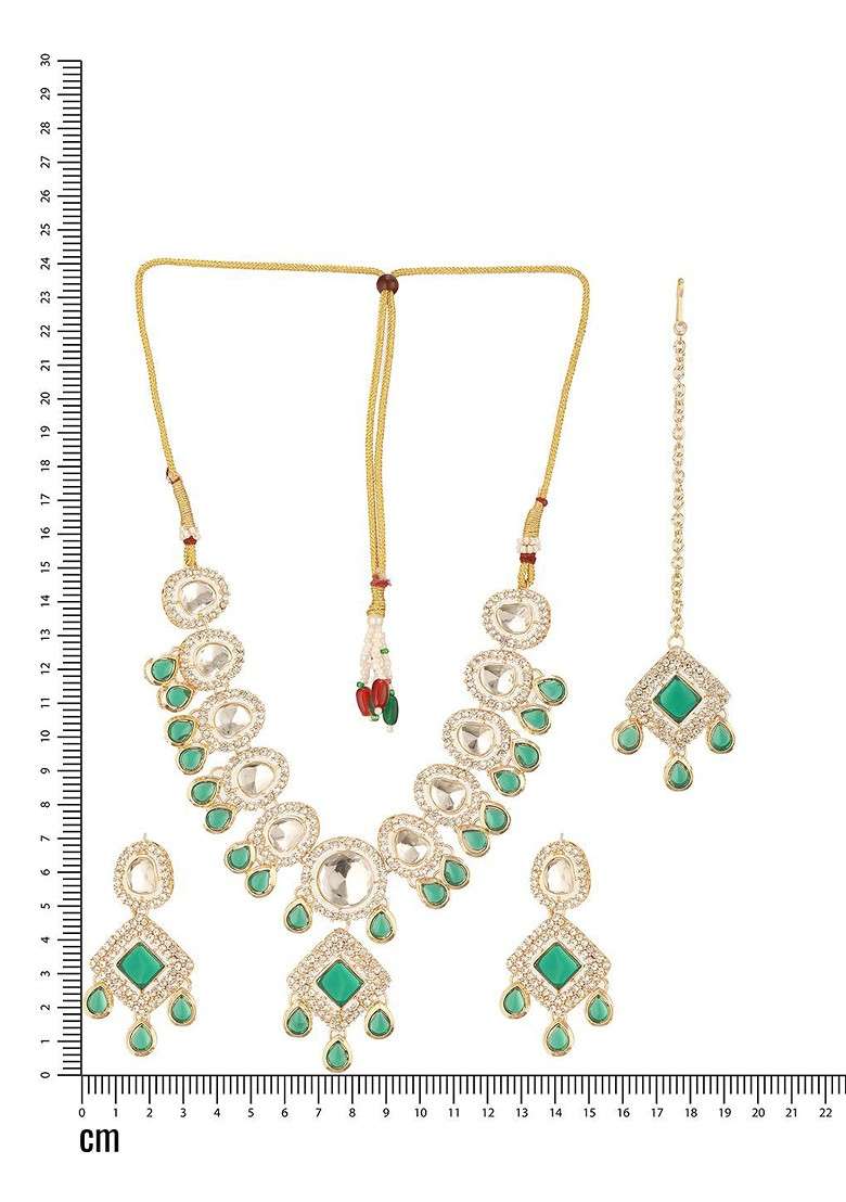 Gold Plated Greenstudded And Beaded Jewellery Set - Indya