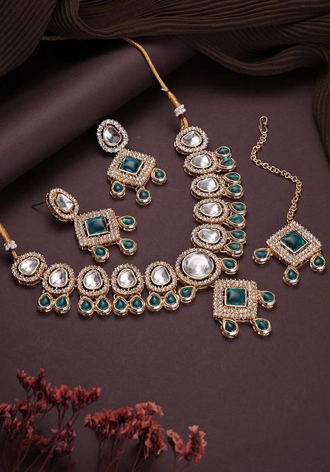 Gold Plated Greenstudded And Beaded Jewellery Set