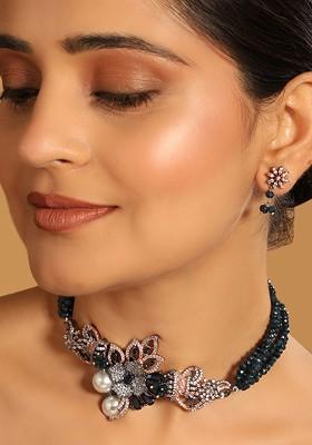 22K Gold Plated Semi Precious Beads And Zircon Pearl Embellished Choker Necklace Set