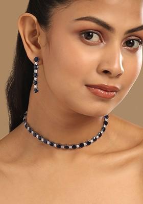 Rhodium Plated Artificial Blue Stone Studded Minimal Choker Set