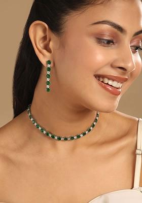 Rhodium Plated Artificial Green Stone Studded Minimal Choker Set