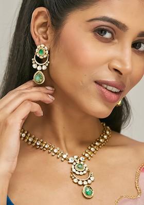 22K Gold Plated Kundan Studded Green Faux Jasper Stone Necklace Set