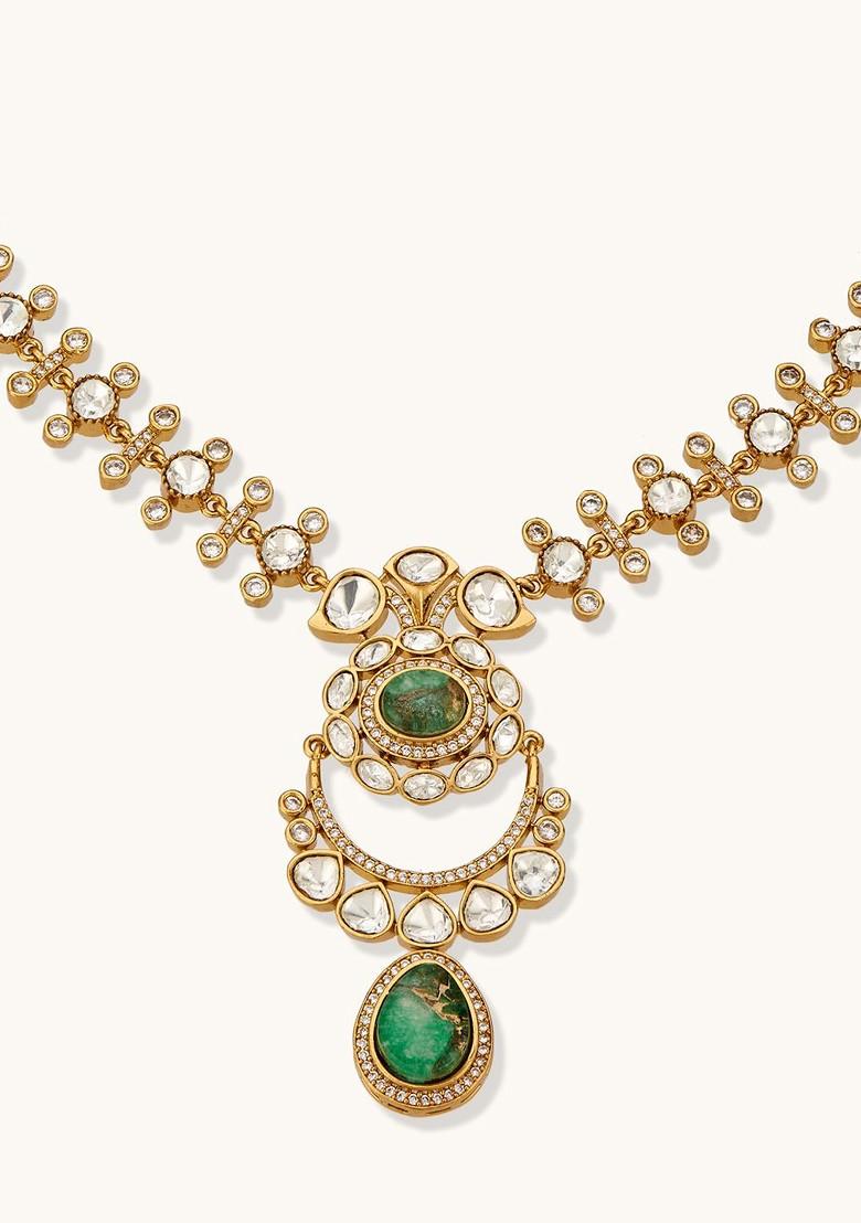 22K Gold Plated Kundan Studded Green Faux Jasper Stone Necklace Set - Indya