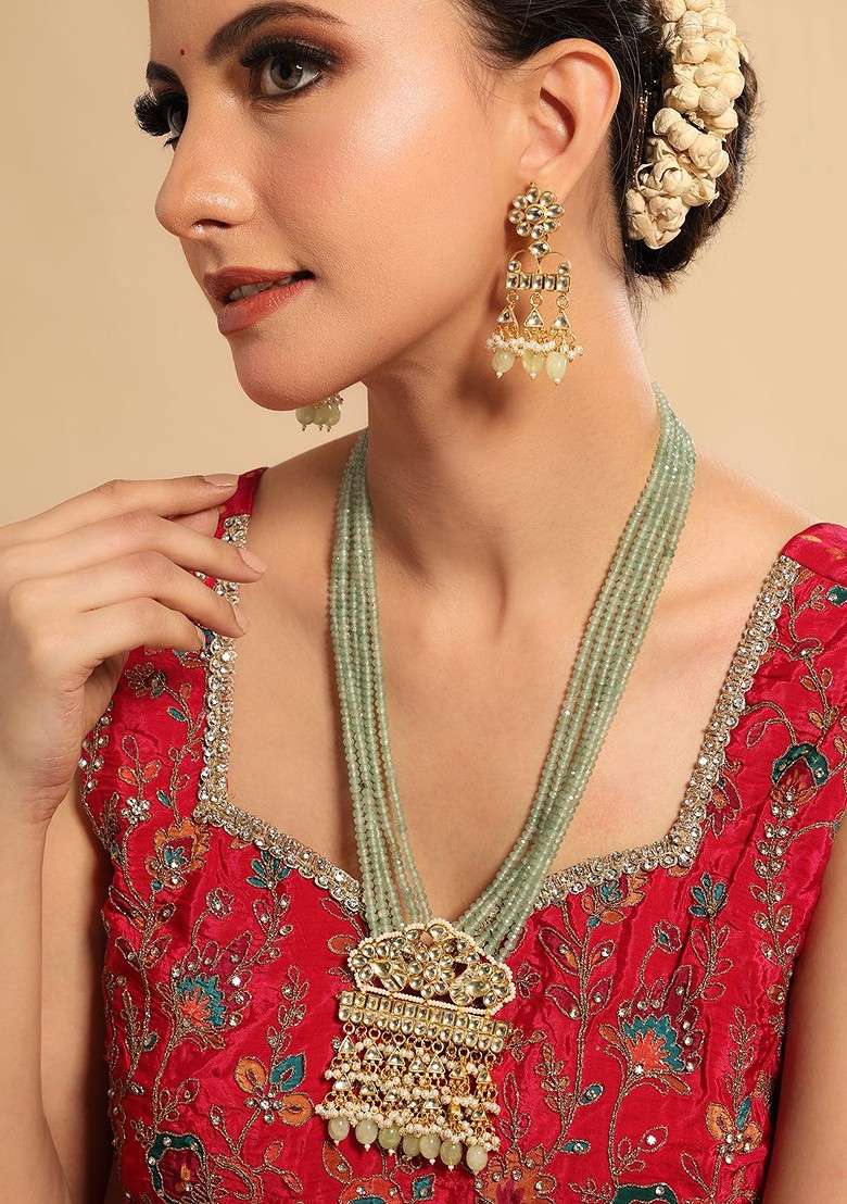 22K Gold Plated Kundan Studded And Beaded Jewellery Set - Indya