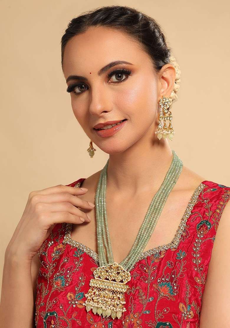22K Gold Plated Kundan Studded And Beaded Jewellery Set - Indya