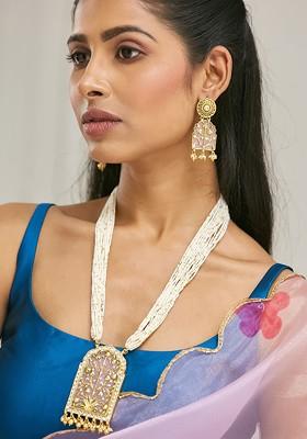22K Gold Plated Pearl Strings Pink Enamel Pendant With Floral Motifs Necklace Set