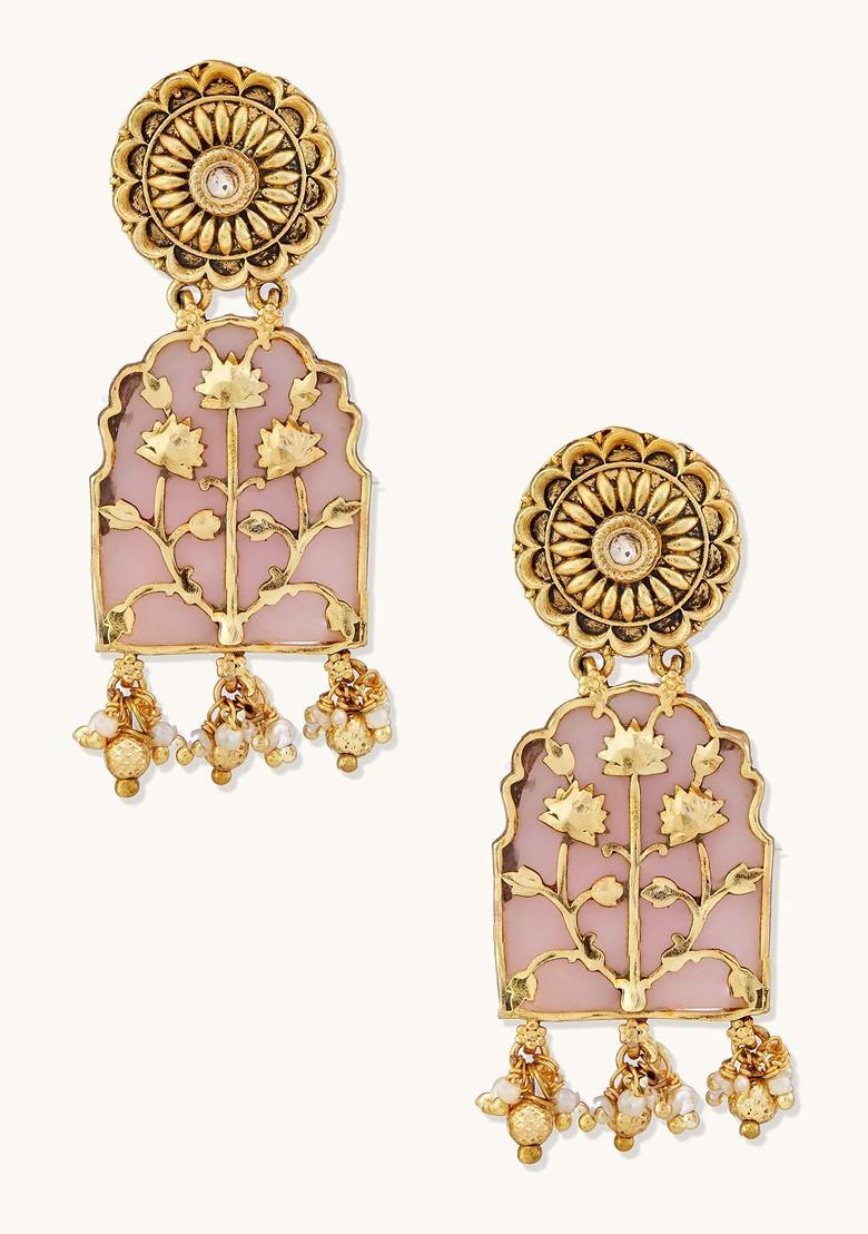 22K Gold Plated Pearl Strings Pink Enamel Pendant With Floral Motifs Necklace Set - Indya