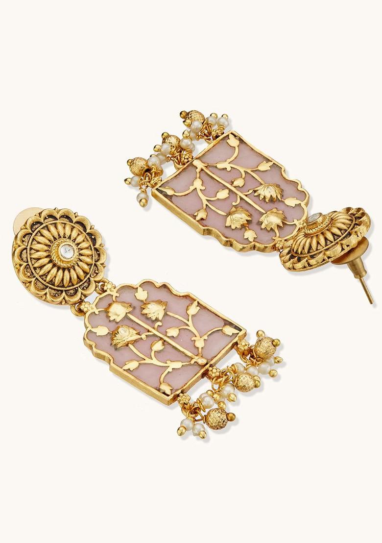 22K Gold Plated Pearl Strings Pink Enamel Pendant With Floral Motifs Necklace Set - Indya