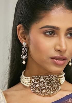 22K Gold Plated Cubic Zirconia Studded And Pearl Beaded Necklace Set